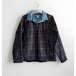 Free Country Plaid Jacket Women's Size Large Gray Blue Full Zip Winter Fall Coat